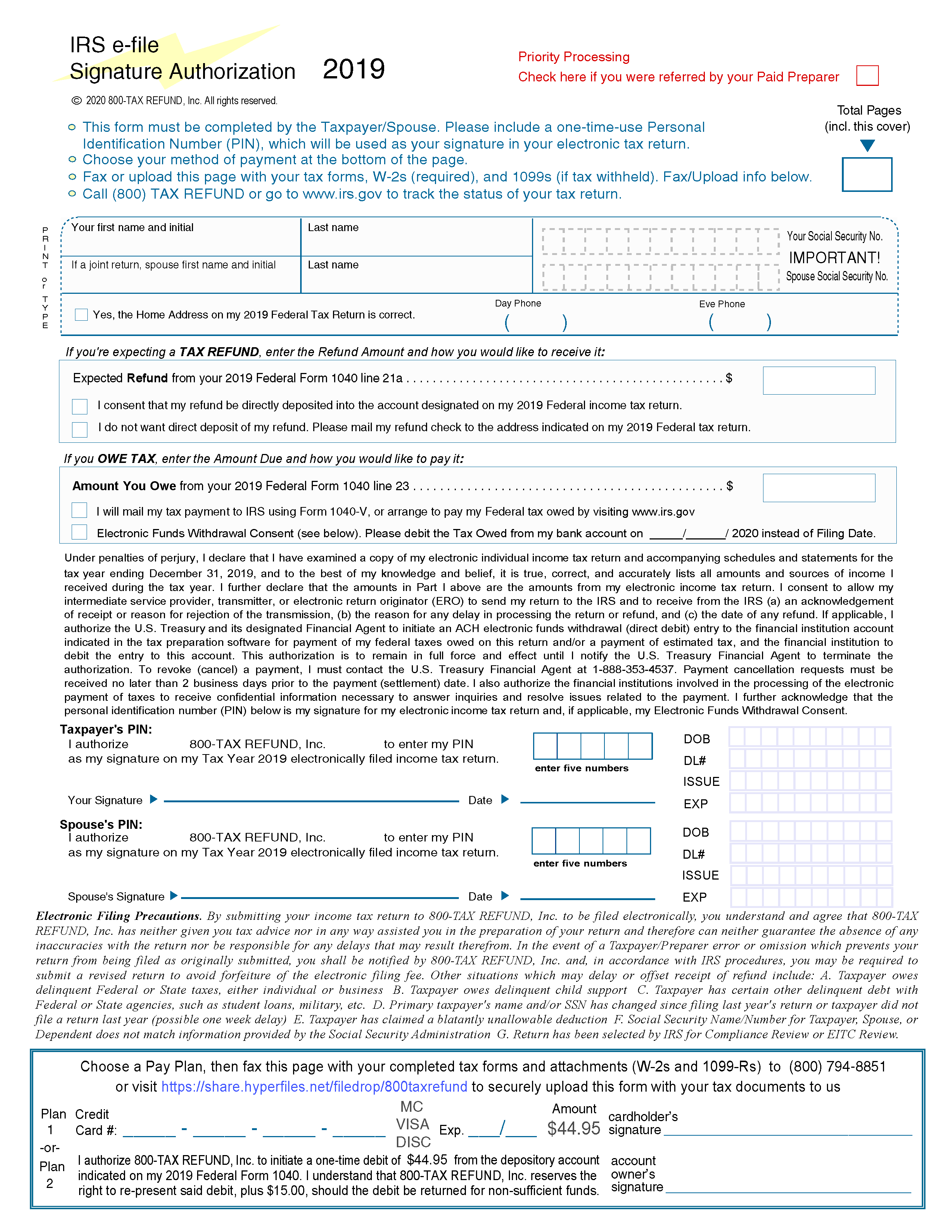 efile by fax Auth Form TY19 fillable DL 300 keeper